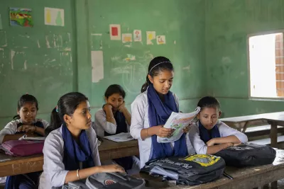 Class 7 students of Bihdia Adarsha High School during a class in Bihdia, Assam, India.